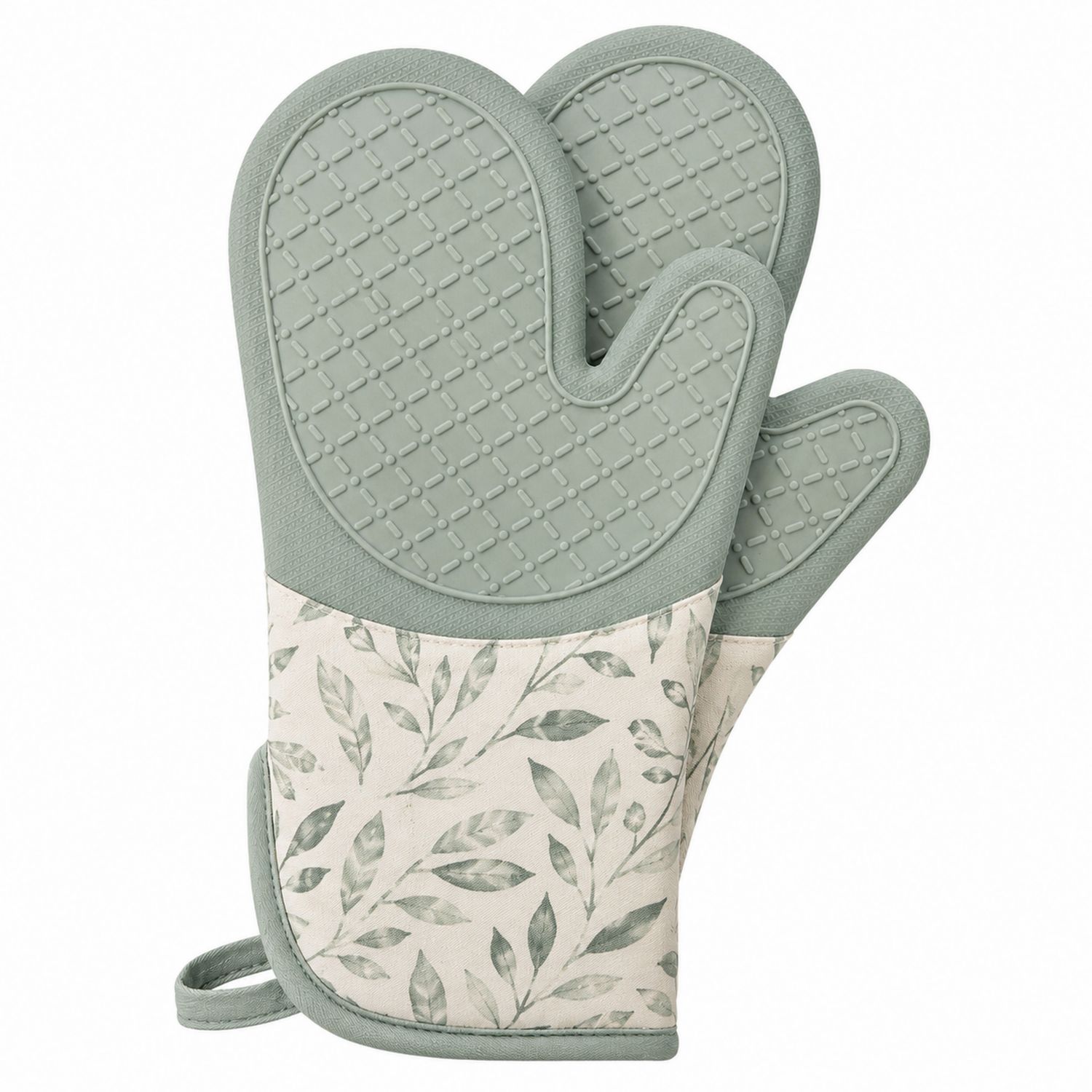 Gants de Cuisine Antidérapants en Silicone Vert Sauge et Beige avec Motif Feuilles