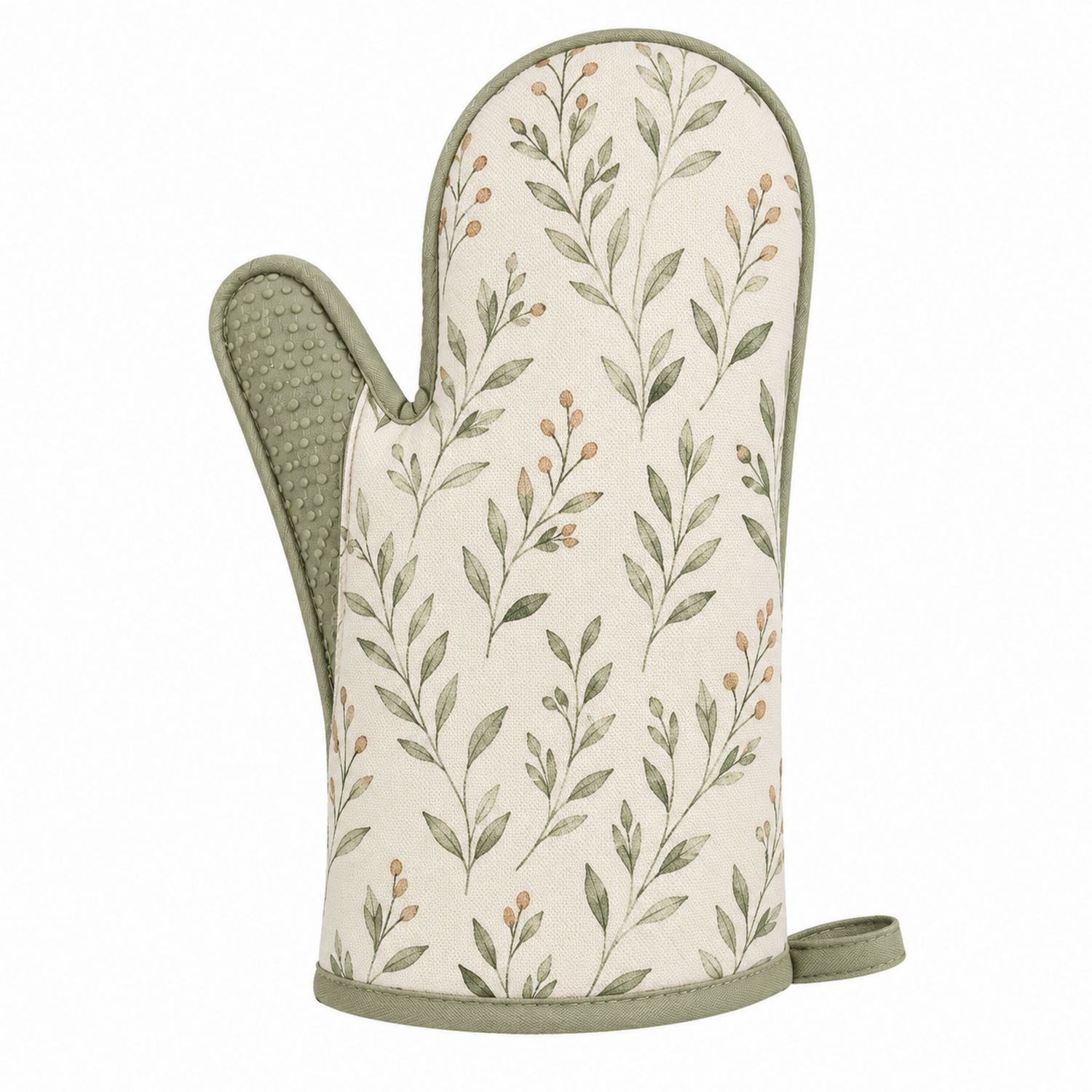 Gant de Cuisine Anti-Chaleur avec Motif Feuillage Vert et Beige