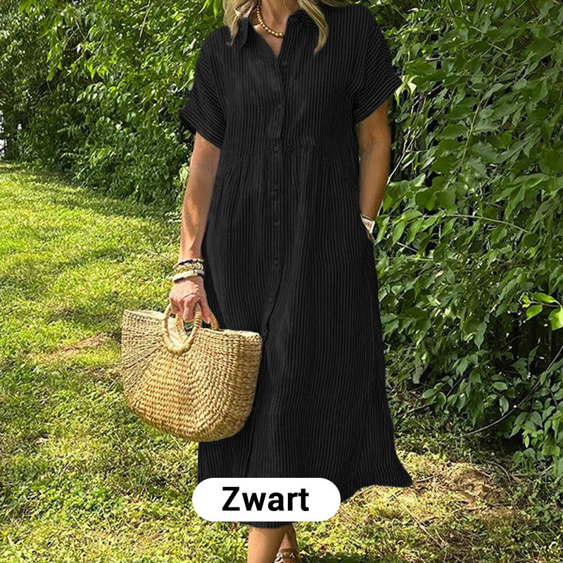 🎉 (Maat: S-4XL) 🛍️Nieuwe exclusieve zomerkleding 👗 Gestreepte revers-overhemdjurk met knopen | Met functionele zakken