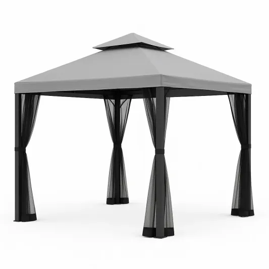 Stahlpavillon mit Polyester-Netzvorhängen 3x3m Grau-meubolvia