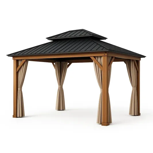Gartenpavillon aus Hartholz mit Doppeldach und Vorhängen 300x400 cm-meubolvia