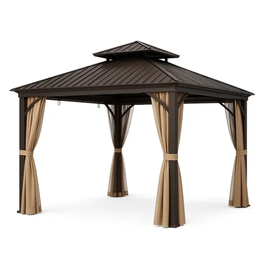 Gartenpavillon Aluminium mit Doppeldach und Vorhängen 3x3m-meubolvia