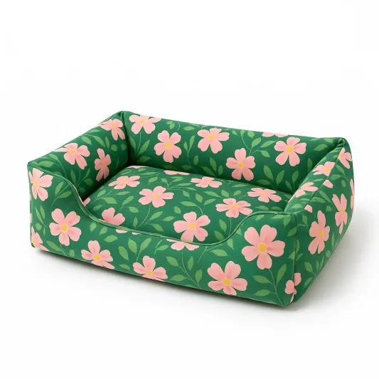 Hundebett Baumwolle Blumenmuster Grün Rosa-meubolvia
