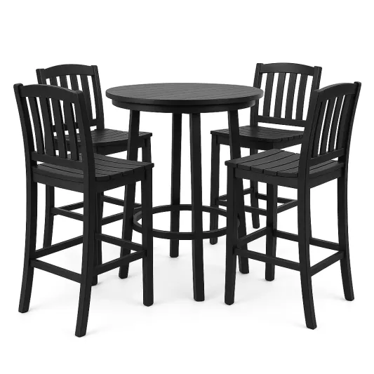 Rundes Garten-Set mit Tisch und 4 Barhockern aus Kunststoff in Schwarz-meubolvia