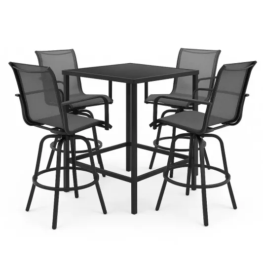 Gartenmöbel-Set mit quadratischem Tisch und Barhockern aus Metall und Textilgewebe, Schwarz-meubolvia