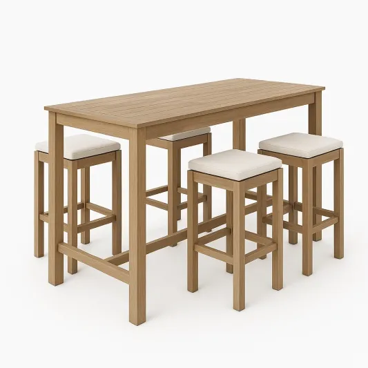 Holz-Esstisch-Set mit 4 Hockern und weißen Sitzkissen-meubolvia