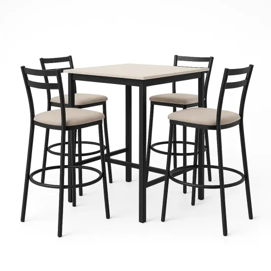 Metall Bar-Set mit 4 Barhockern und quadratischem Tisch 80x80 cm Beige/Schwarz-meubolvia