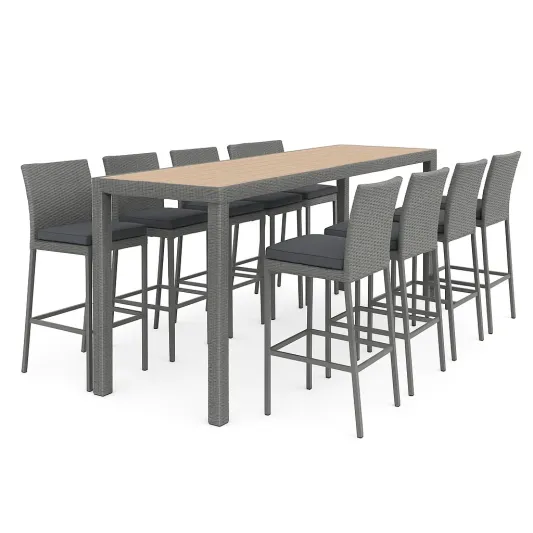 Bar-Set mit Tisch und 8 Barhockern Rattan Grau Holz Tischplatte 200 cm-meubolvia