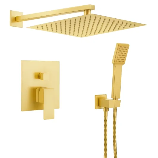 Duschsystem mit Überkopf- und Handbrause Set Edelstahl Gold Wandmontage-pravelion