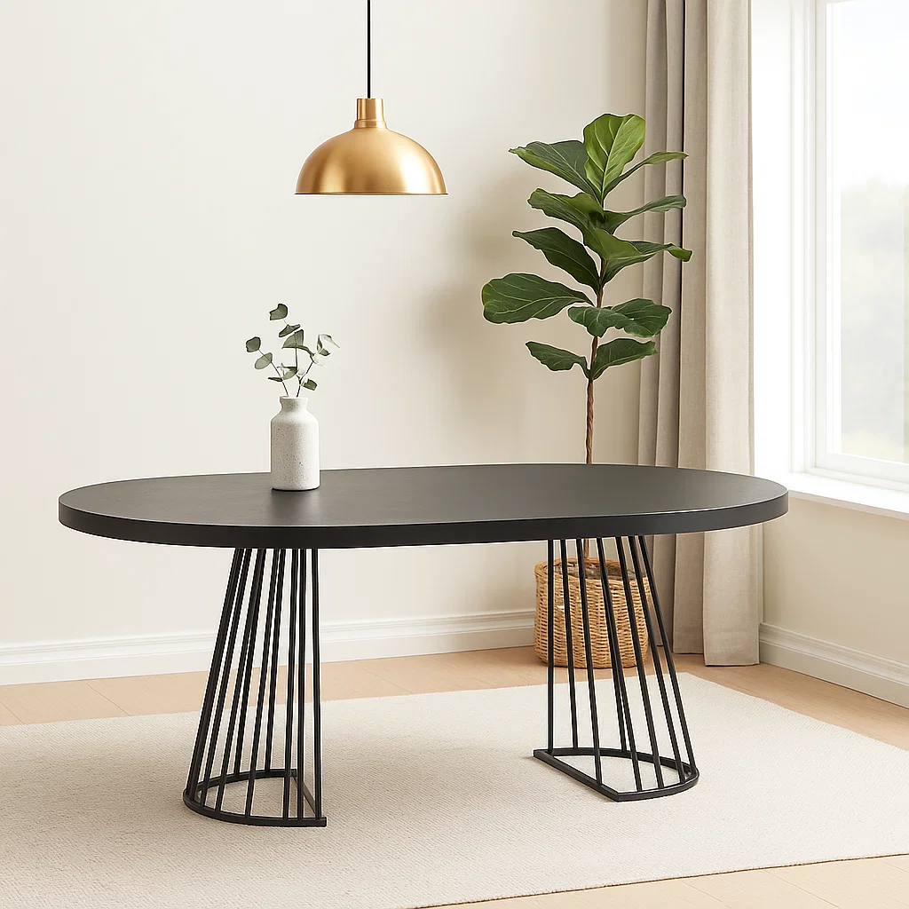 Ovaler Esstisch aus MDF und Stahl in Schwarz-pravelion
