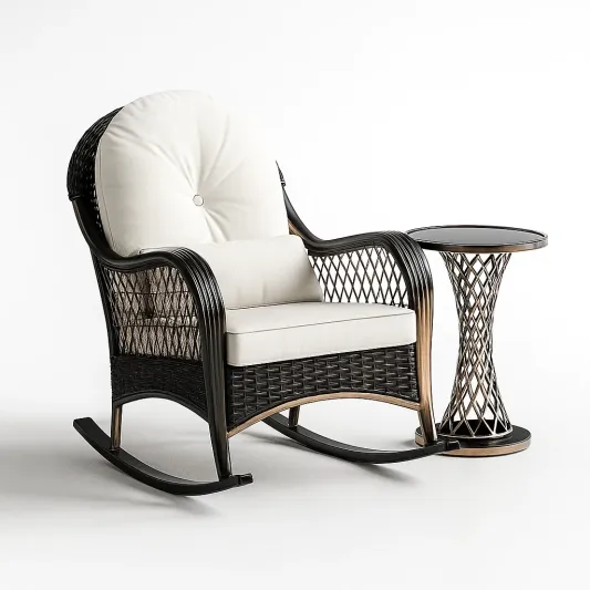 Rattan-Schaukelstuhl mit Tisch, Schwarz, Beige Polster-ravornika