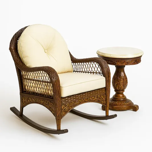 Rattan-Schaukelstuhl mit Beistelltisch und Kissen Creme-ravornika