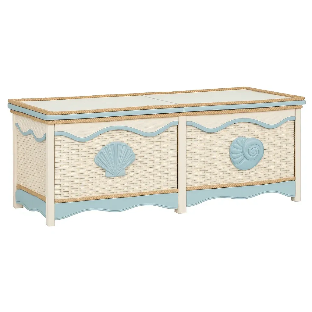 Holz- und Rattan-Spielzeugtruhe mit Muschelmotiven Blau/Beige-cozytrivia