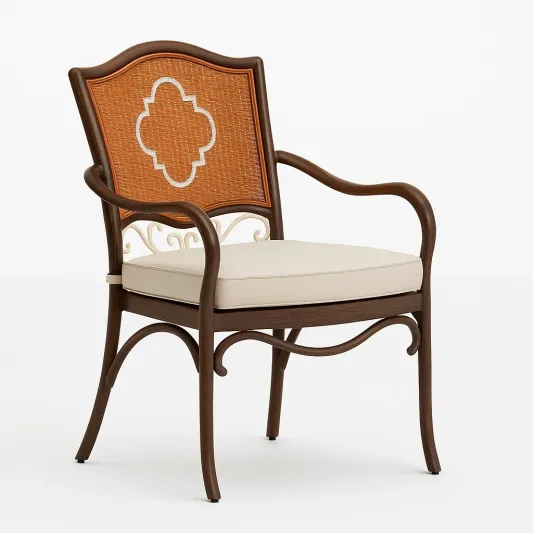 Holz-Rattan-Stuhl mit Armlehnen und Kissen-cozytrivia