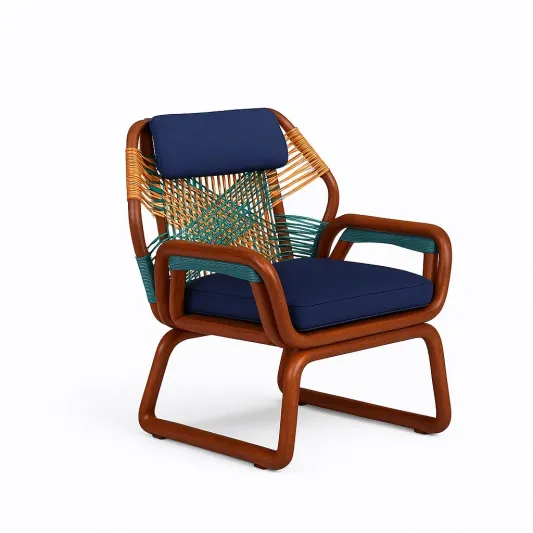 Holzsessel mit blauen Kissen und geflochtenem Design-cozytrivia