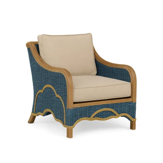 Sessel aus Rattan und Holz mit Polyesterkissen Beige/Blau-cozytrivia