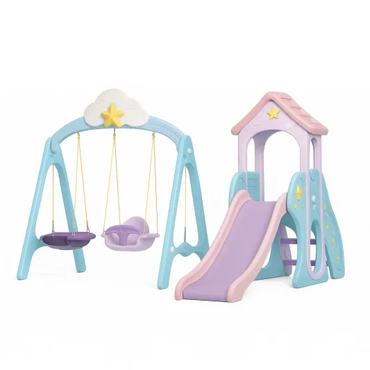 Kinderrutsche und Schaukel Set aus Kunststoff in Blau/Lila-cozytrivia