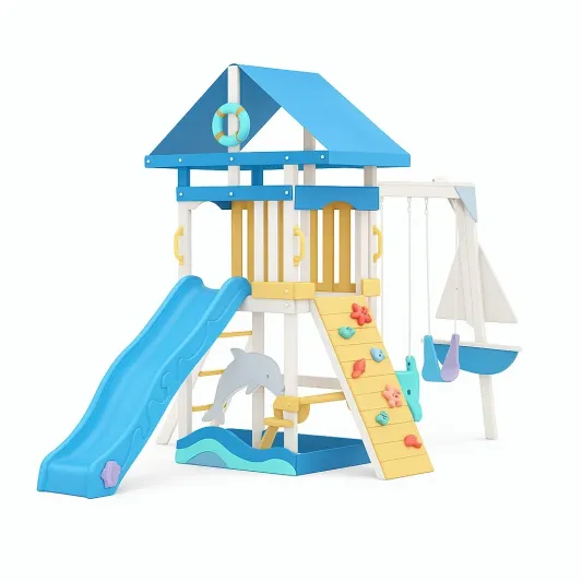 Kinderspielplatz mit Rutsche, Schaukel und Klettergerüst aus Holz und Kunststoff, Blau Gelb-cozytrivia