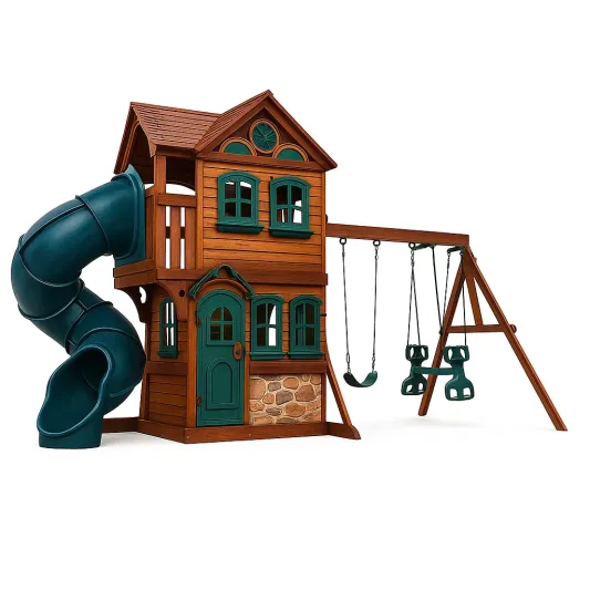 Kinderspielhaus aus Holz mit Spiralförmiger Rutsche und Schaukeln-cozytrivia