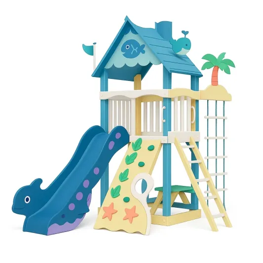 Kunststoff Spielplatz mit Rutsche und Klettergerüst Blau/Beige/Grün-cozytrivia
