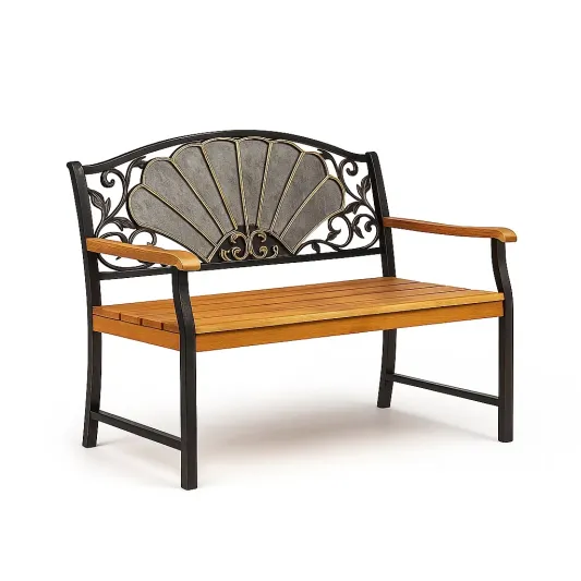 Gartenbank mit Metallrahmen und Holzsitz 122cm Schwarz Natur-quarmovik