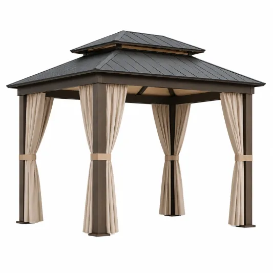 Stahl-Gartenpavillon mit Aluminiumrahmen und Polyester-Vorhängen 300x300x270 cm Braun/Beige-pramvique