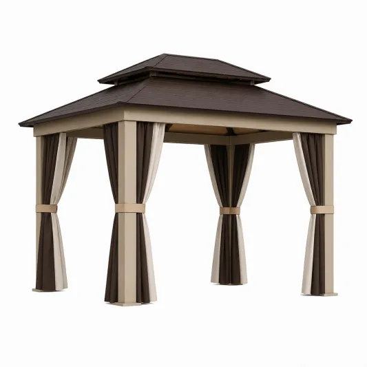 Aluminium Gartenpavillon mit Polycarbonat Dach und Polyester Vorhängen Braun/Beige-pramvique