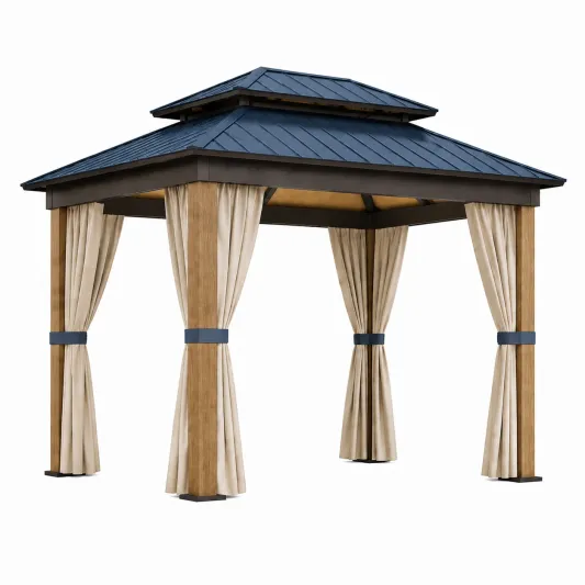 Pavillon aus Stahl mit Holzoptik und Polyester Vorhängen, 300x300 cm-pramvique
