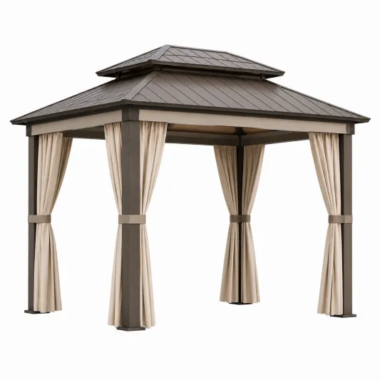 Gartenpavillon mit Aluminiumdach und Beigen Vorhängen-pramvique