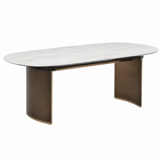 Ovaler Esstisch aus Kunstmarmor mit Metallgestell Weiß/Braun-pramvique