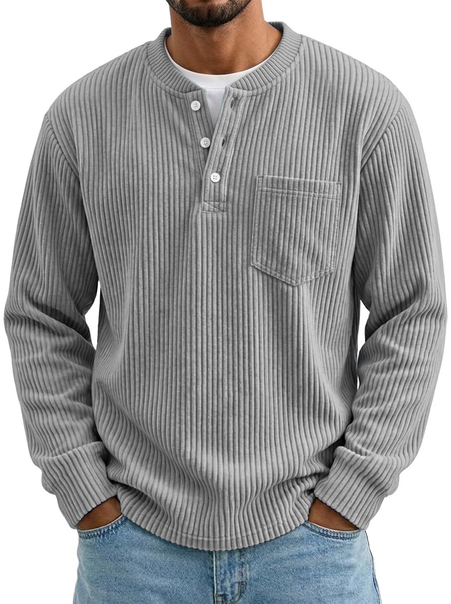 Men's Retro Corduroy Pocket Casual Long-Sleeve Henley Shirt
