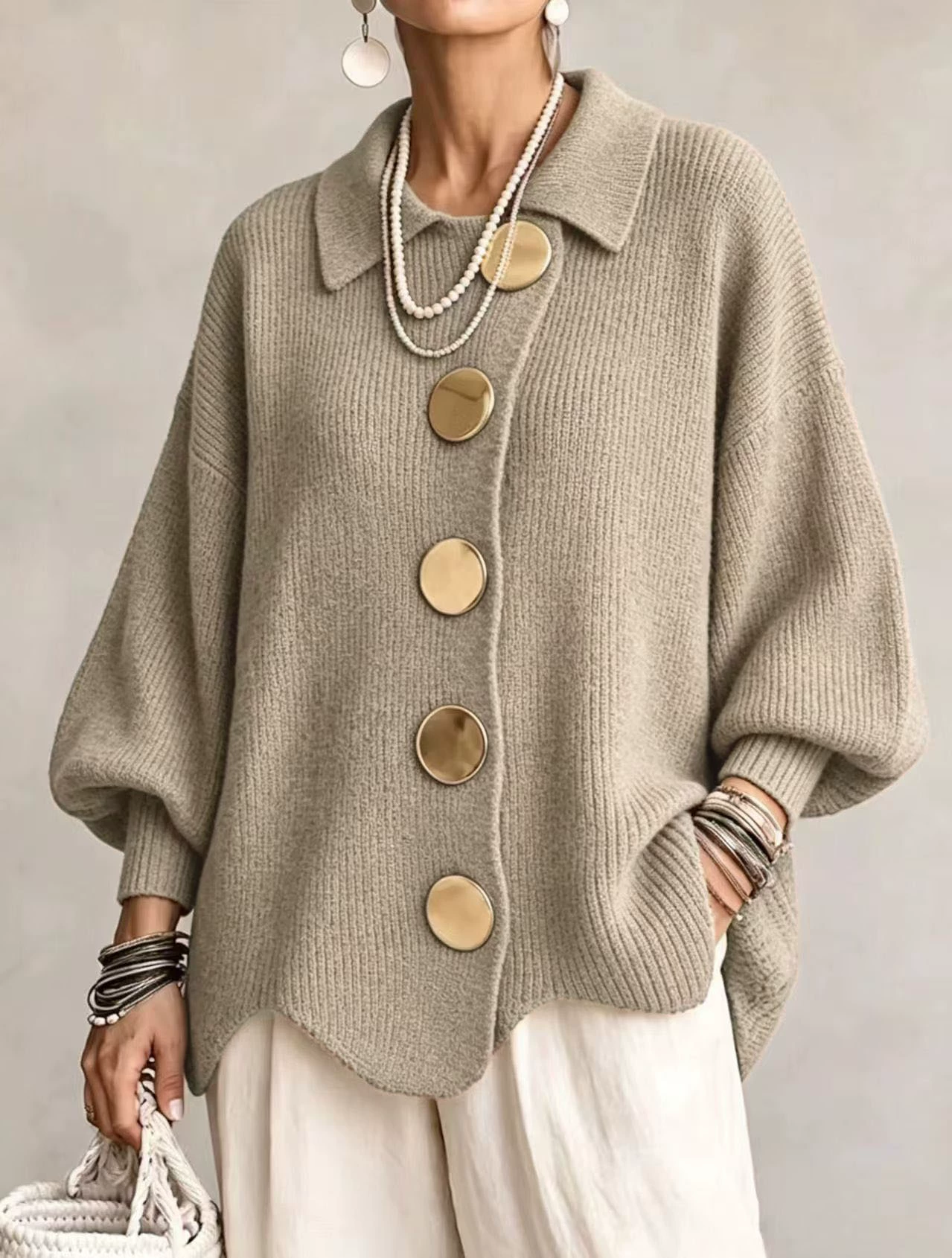 New Arrival🔥 Oversized Collared Knit Cardigan With Large Metal Buttons