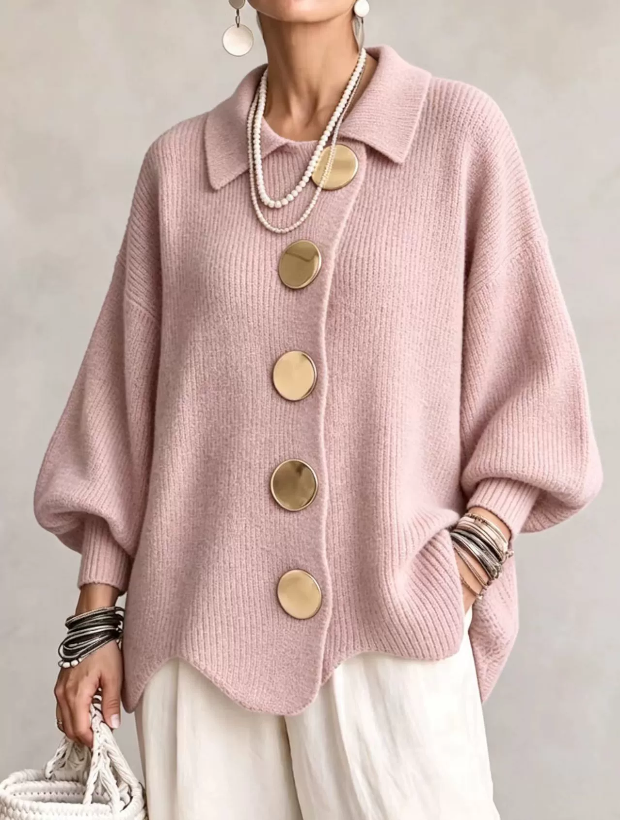 New Arrival🔥 Oversized Collared Knit Cardigan With Large Metal Buttons