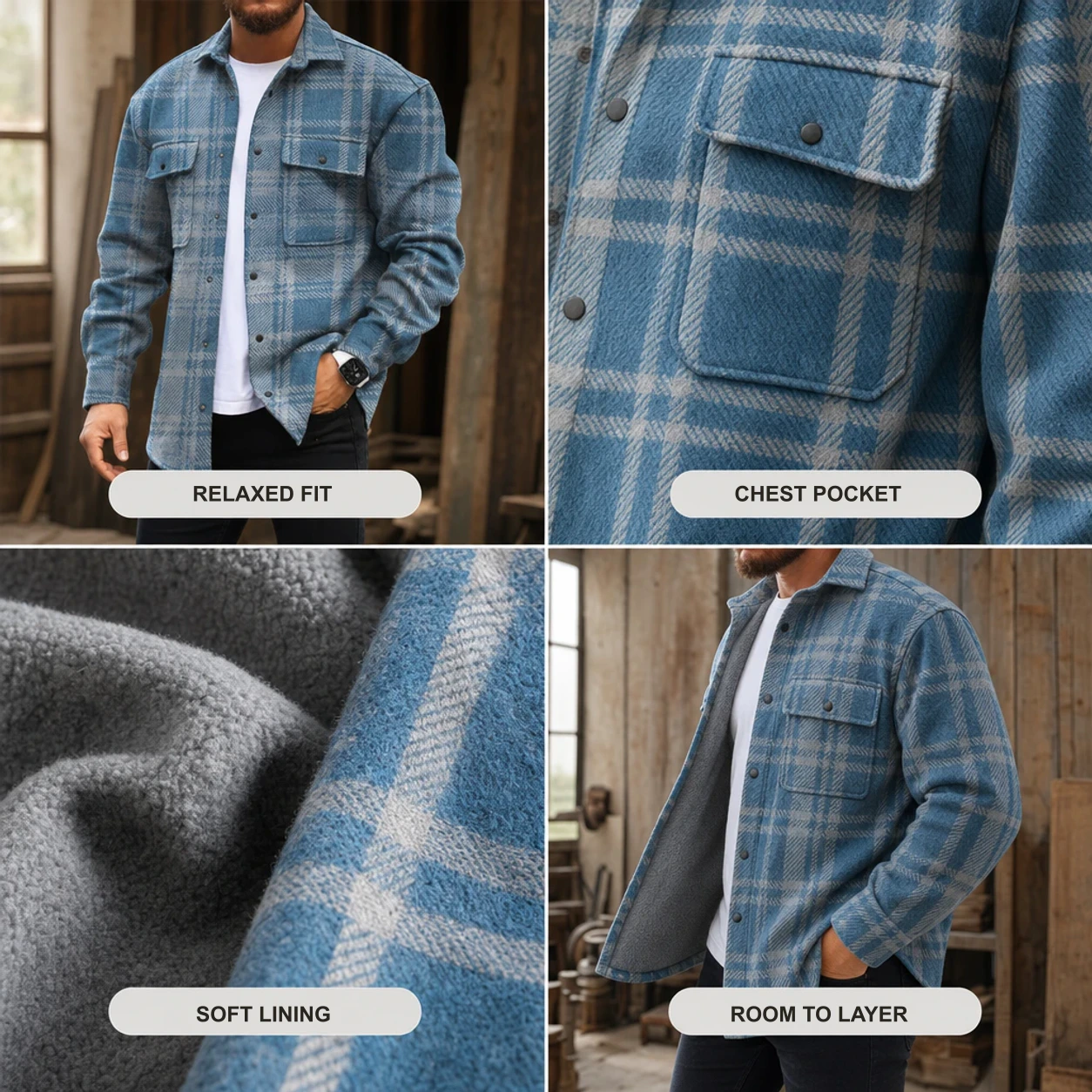 D-Brand Men's Plaid Print Fleece-Lined Button-Down Shirt with Pockets