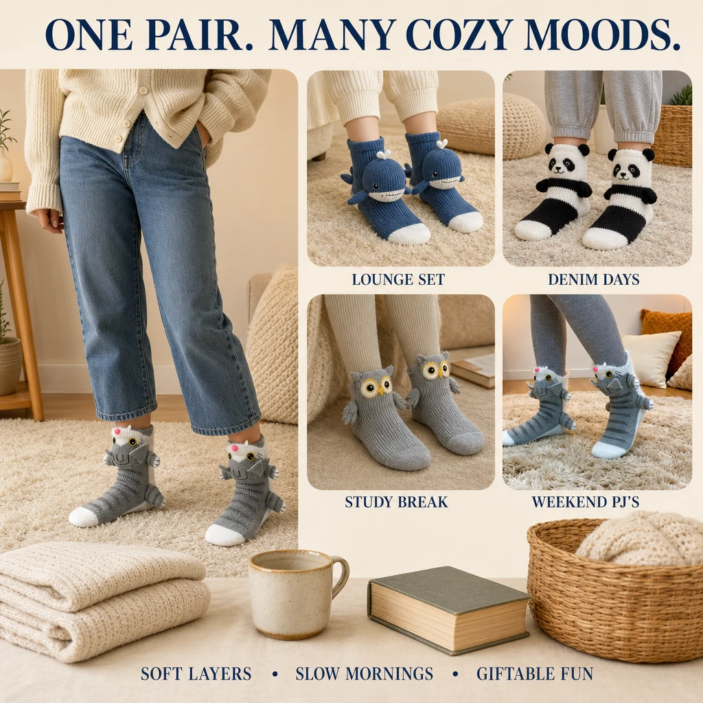 Styling board showing Cat, Whale, Panda, and Owl animal knit socks with cozy layers, denim, books, mugs, and blankets