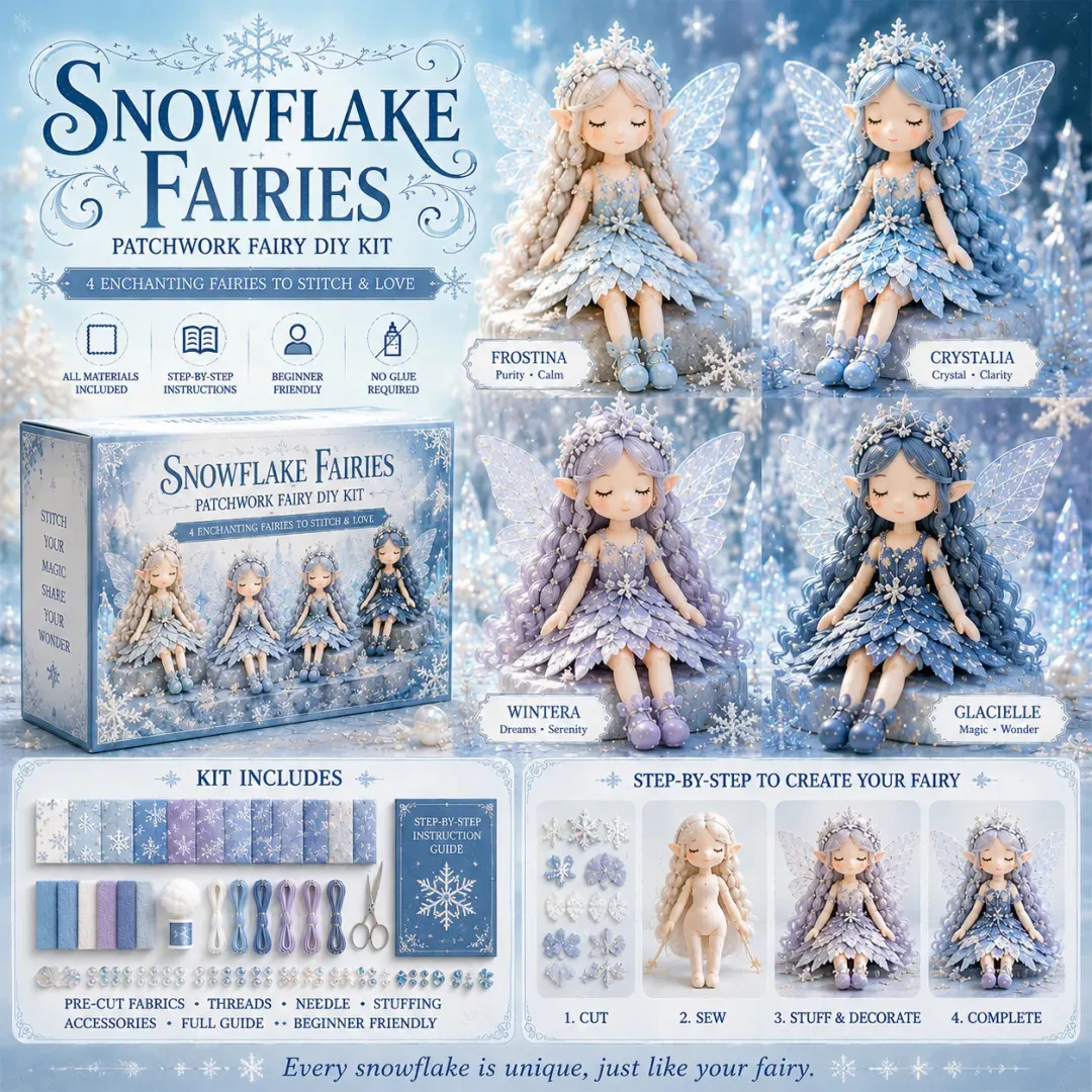 Snowflake Fairies patchwork fairy DIY kit with four icy fabric fairies, box, materials and step-by-step guide