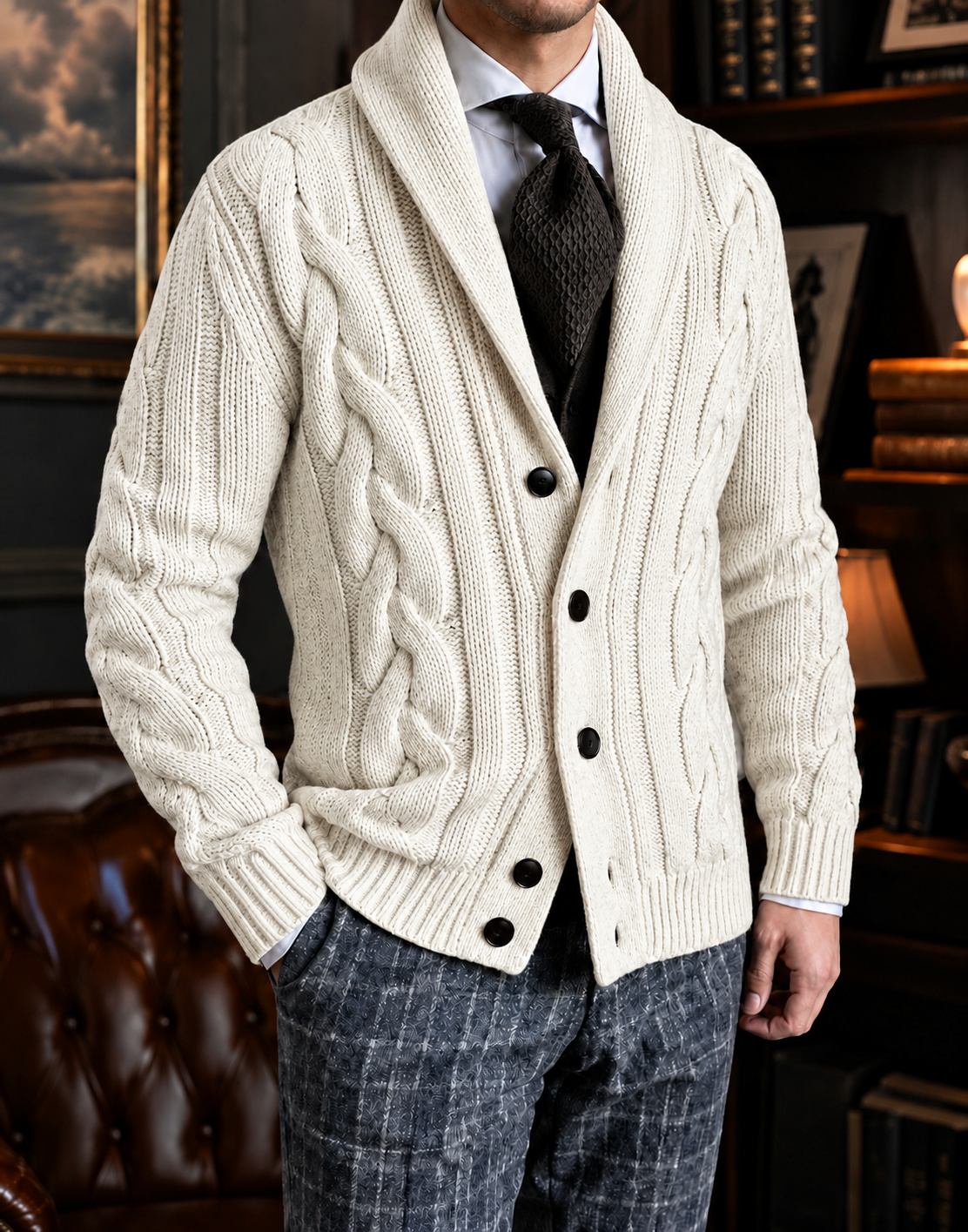 Ivory shawl-collar cable-knit cardigan
