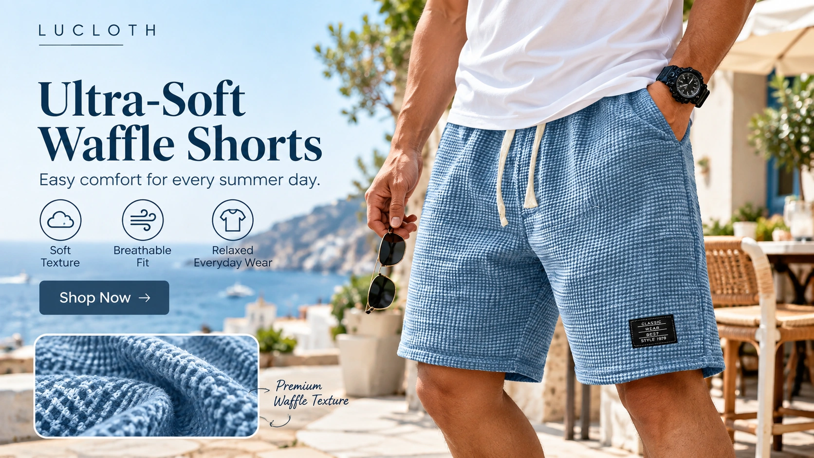 LUCLOTH Ultra-Soft Waffle Shorts &mdash; Soft texture, breathable fit, relaxed everyday wear. Shop Now.