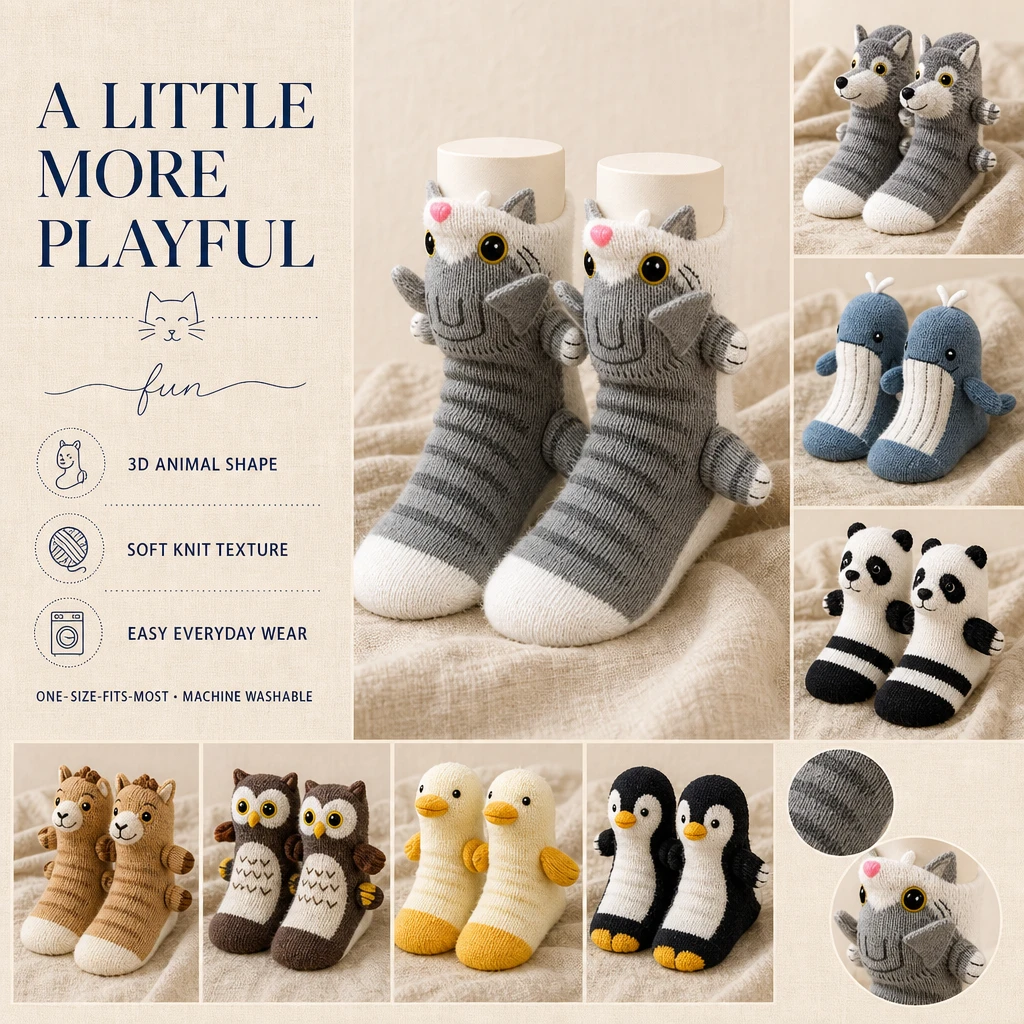 Cat-centered animal knit sock story board with supporting Gray Wolf, Whale, Panda, Camel, Owl, Duck, and Penguin options