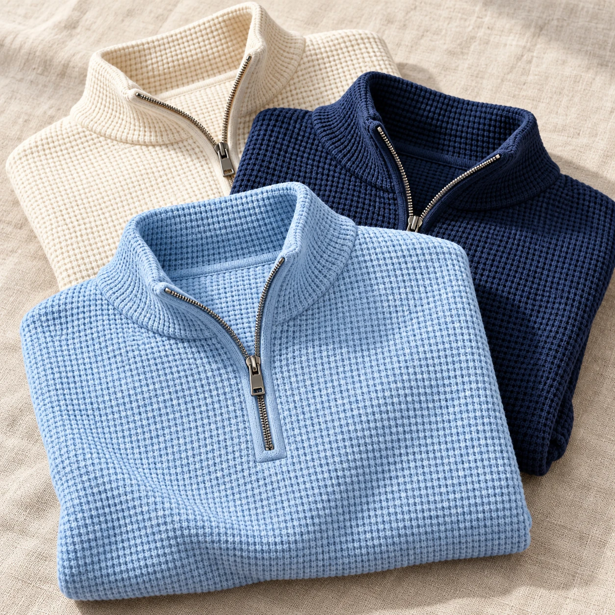Blue, navy and ivory waffle-knit half-zip pullovers showing their distinctive raised grid texture