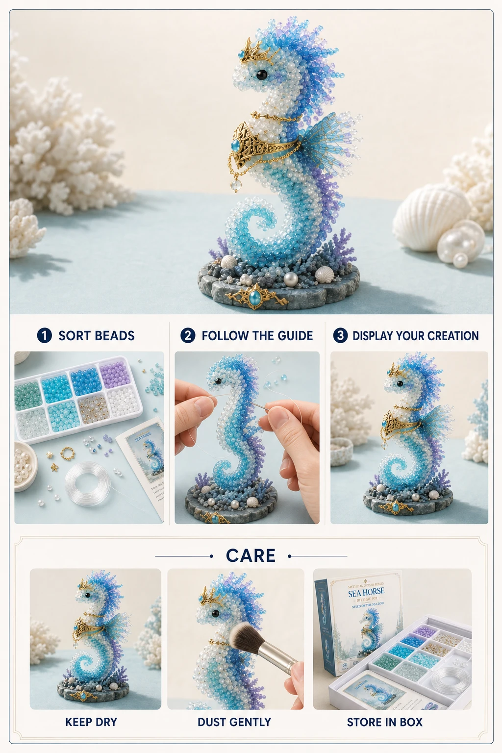 Mythical Ocean bead kit step guide and gentle storage care board