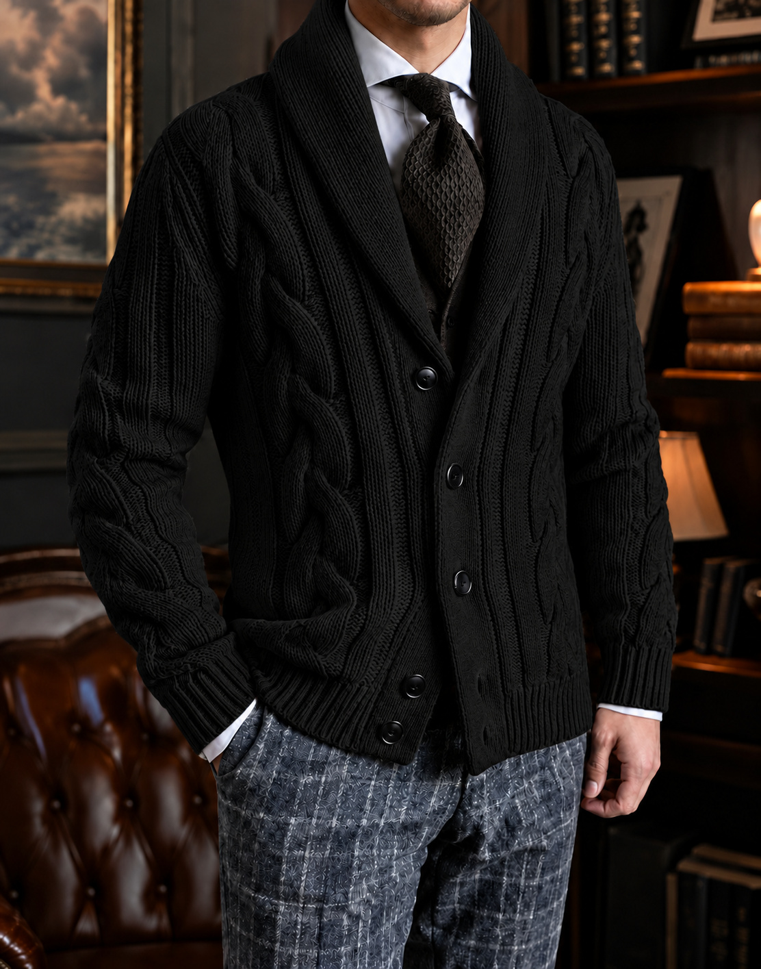Black shawl-collar cable-knit cardigan