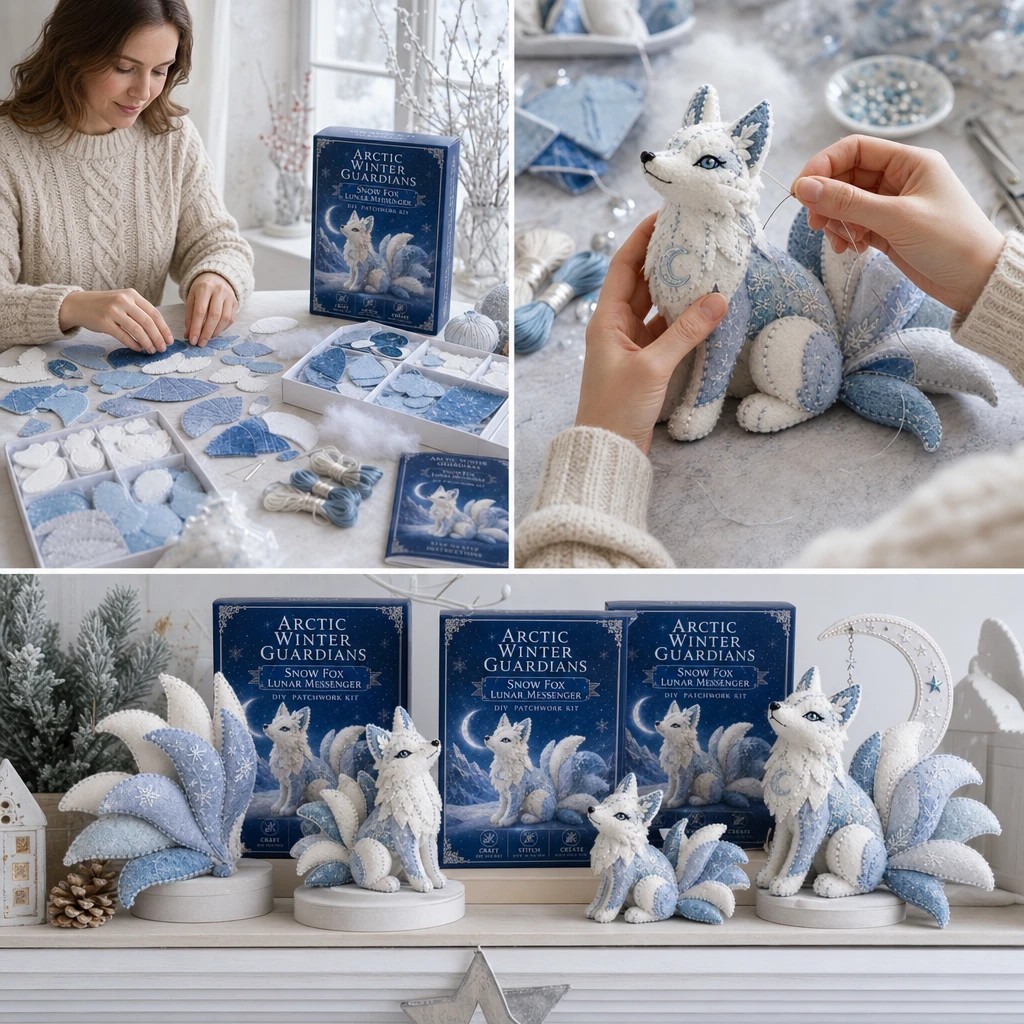 Lifestyle scenes showing Arctic Winter Guardians pieces being sorted, stitched and displayed as winter decor