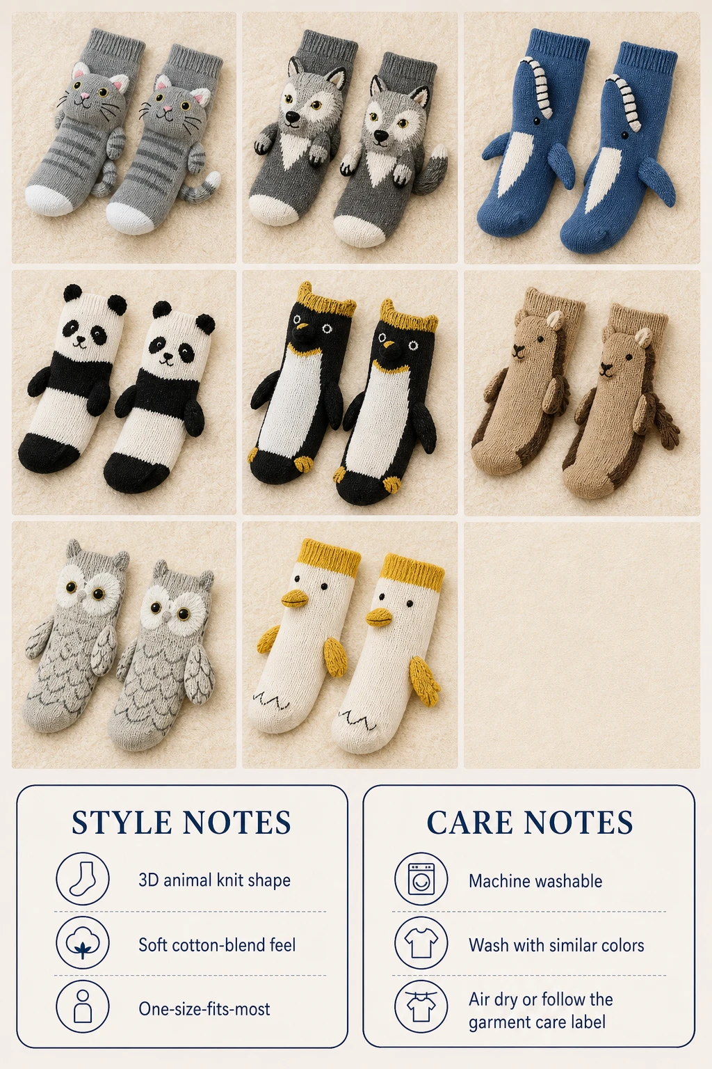 Vertical flat-lay information board showing the eight selected animal knit sock pairs with style notes and care notes