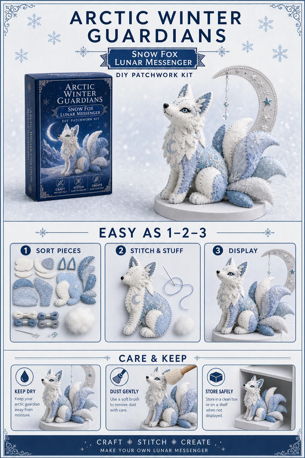 Arctic Winter Guardians Snow Fox kit with box, finished figure, pre-cut pieces, threads, needle, stuffing and instructions