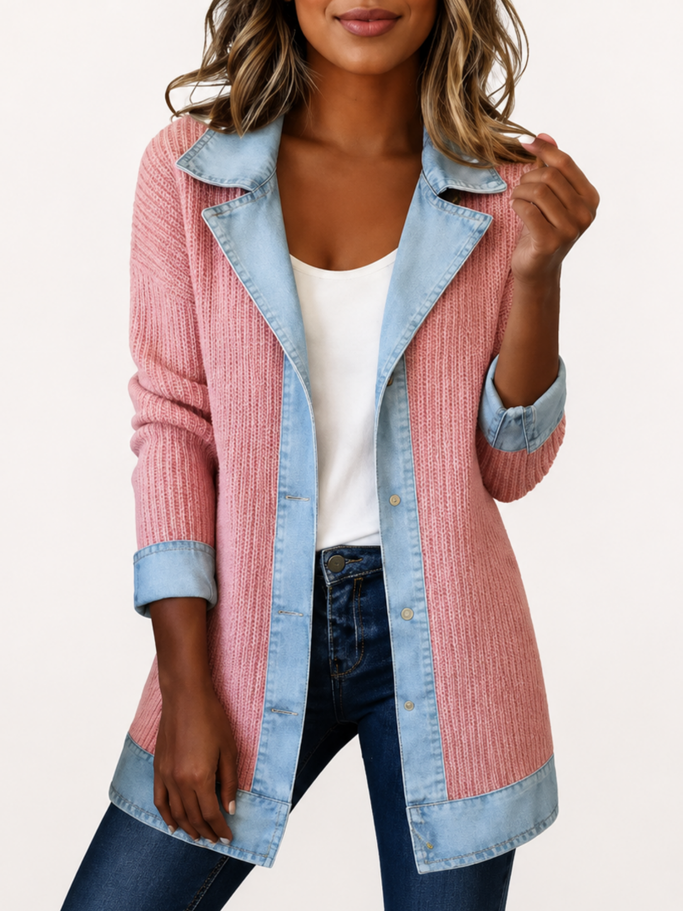 【🎉Limited-time 49% off】Elegant mixed-media denim and knit cardigan