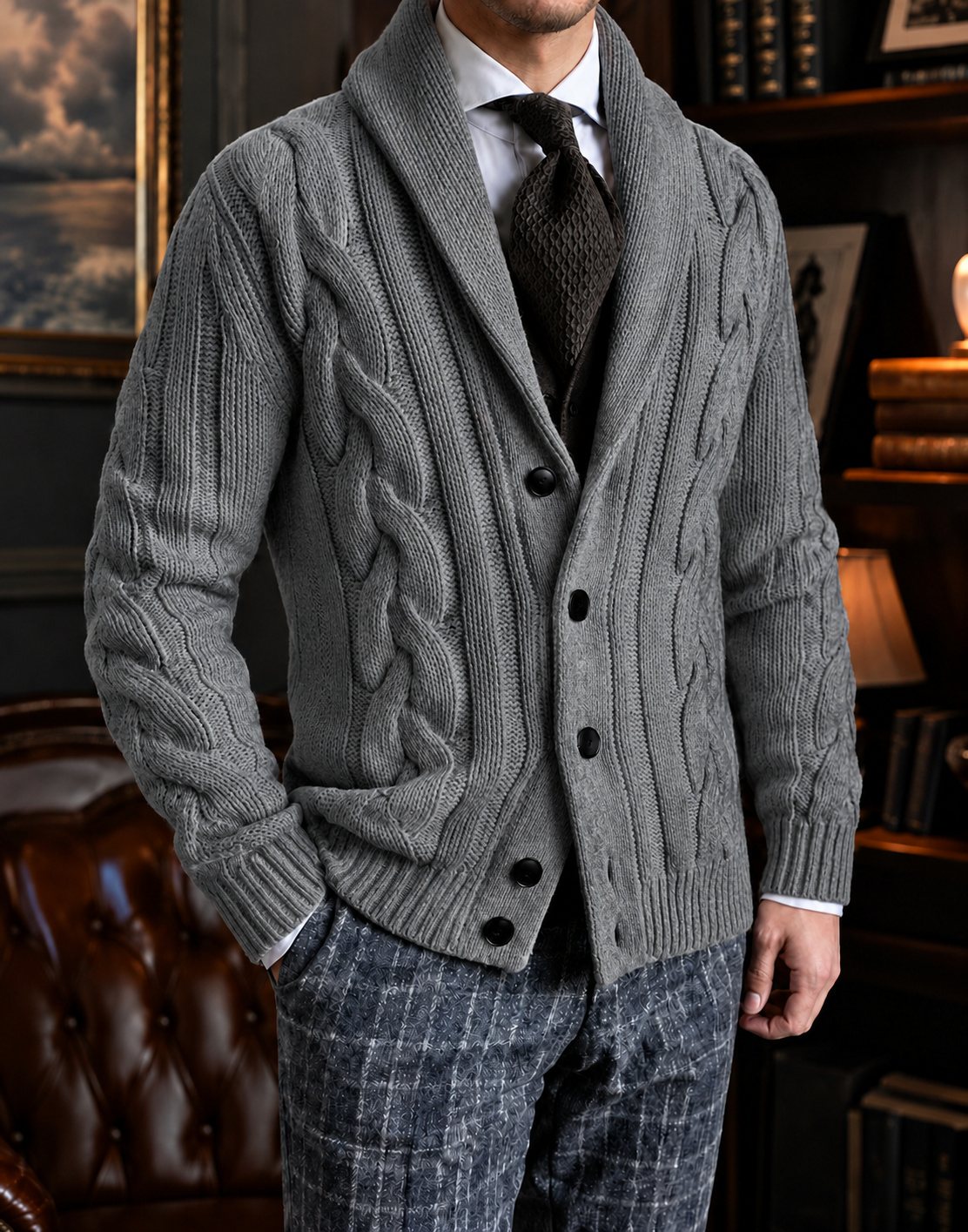 Medium Gray shawl-collar cable-knit cardigan