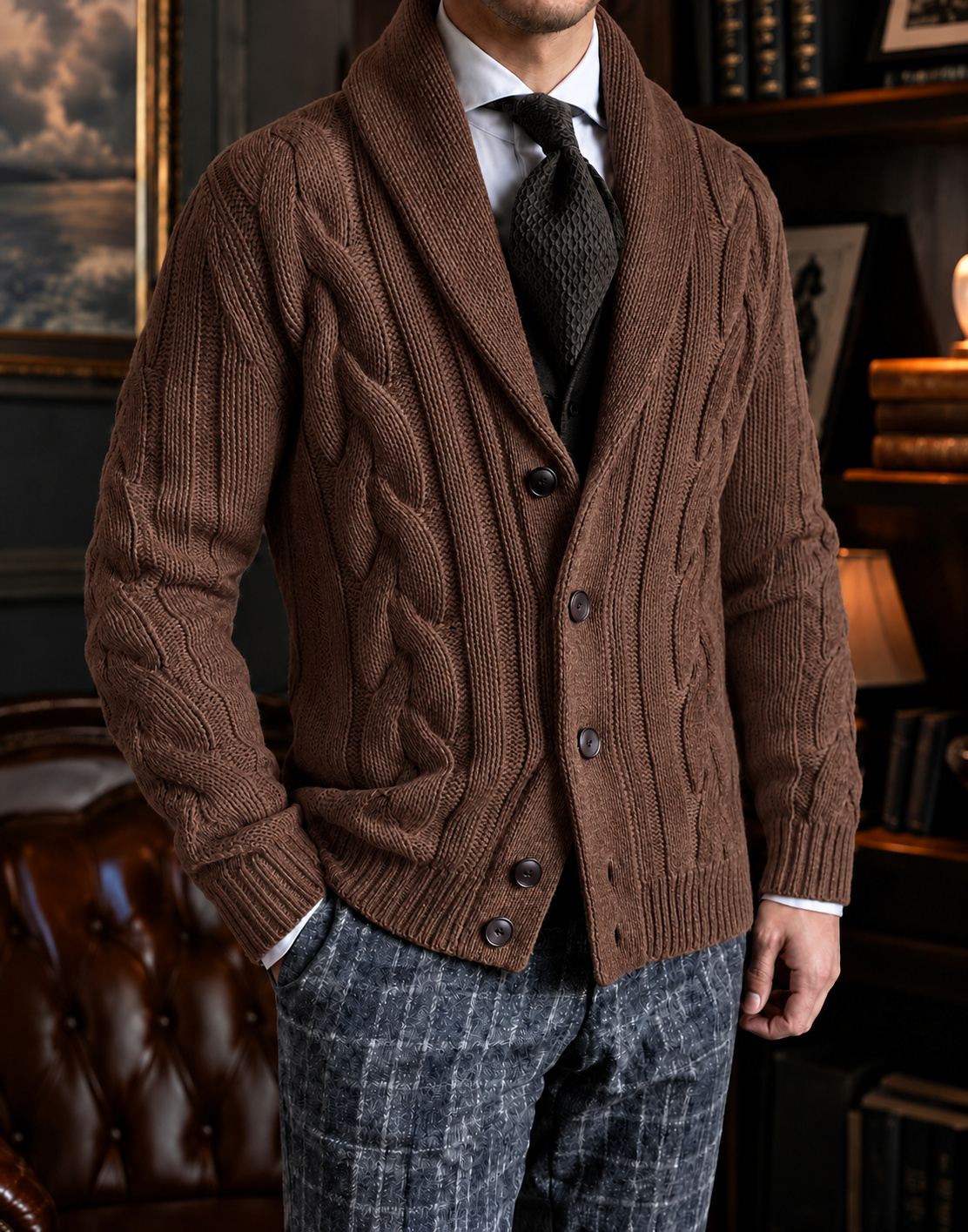 Coffee shawl-collar cable-knit cardigan