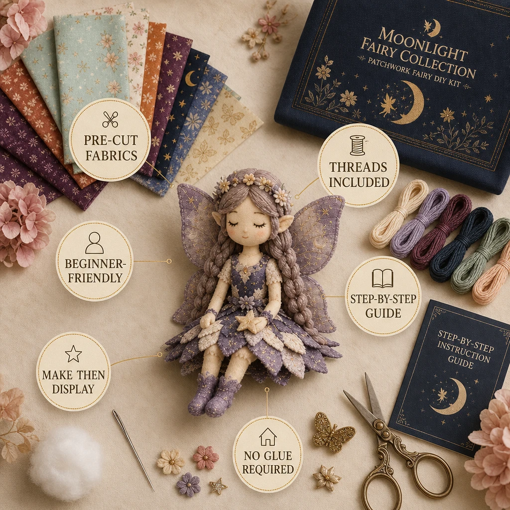 Reasons graphic showing pre-cut fabrics, threads, step-by-step guide, no glue required, beginner-friendly and make-then-display benefits