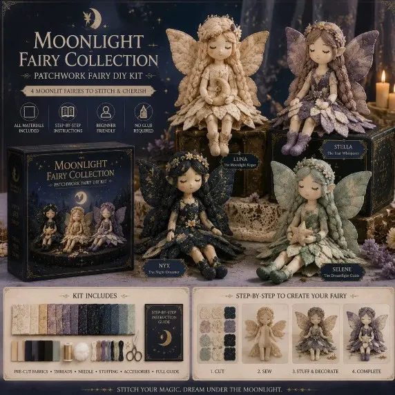 Moonlight Fairy Collection patchwork fairy DIY kit with four moon-themed fabric fairies, box, materials and step-by-step guide